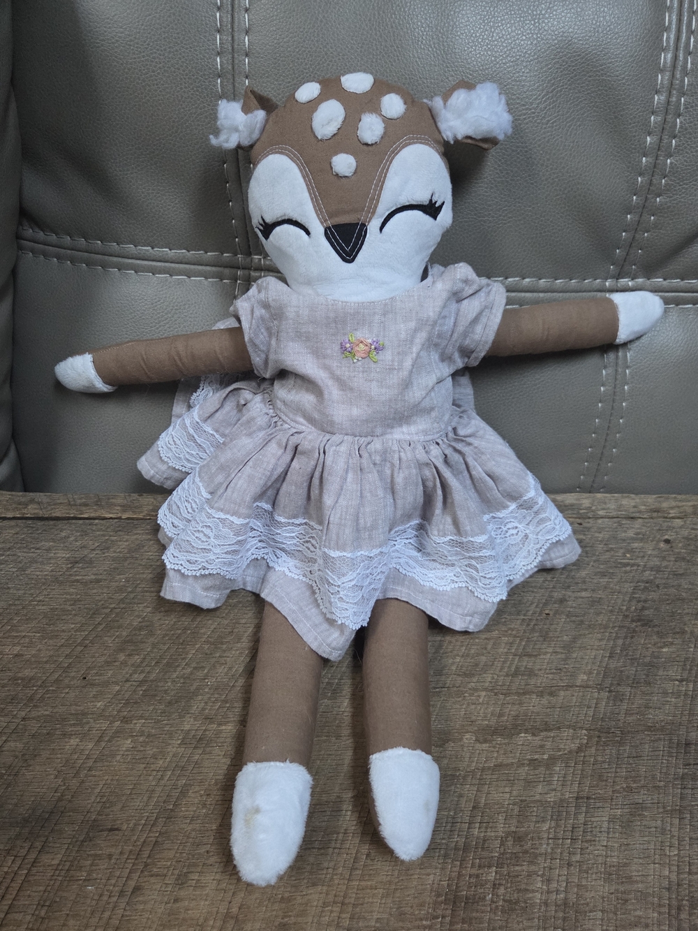 Dainty Deer Handmade Woodland Fawn Rag Doll in Linen Lace Dress ~ B1P